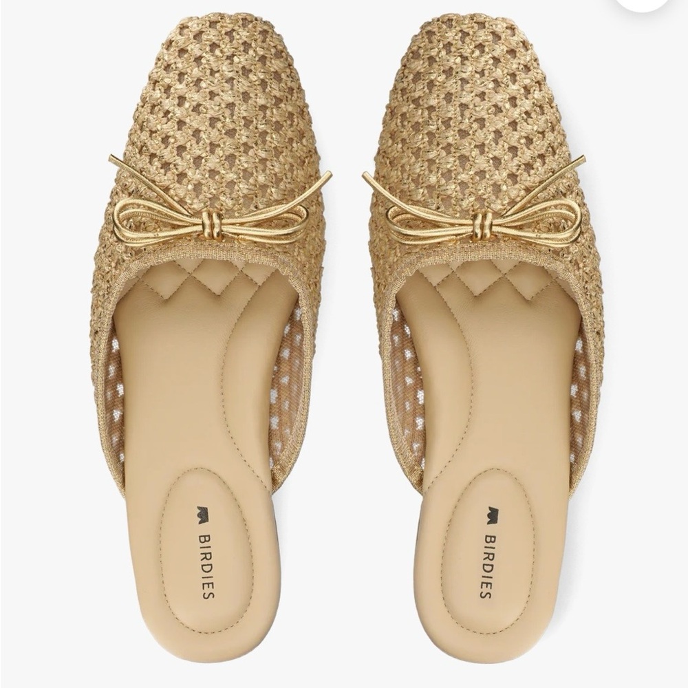 Birdies Gold Woven Bow Backless Flats